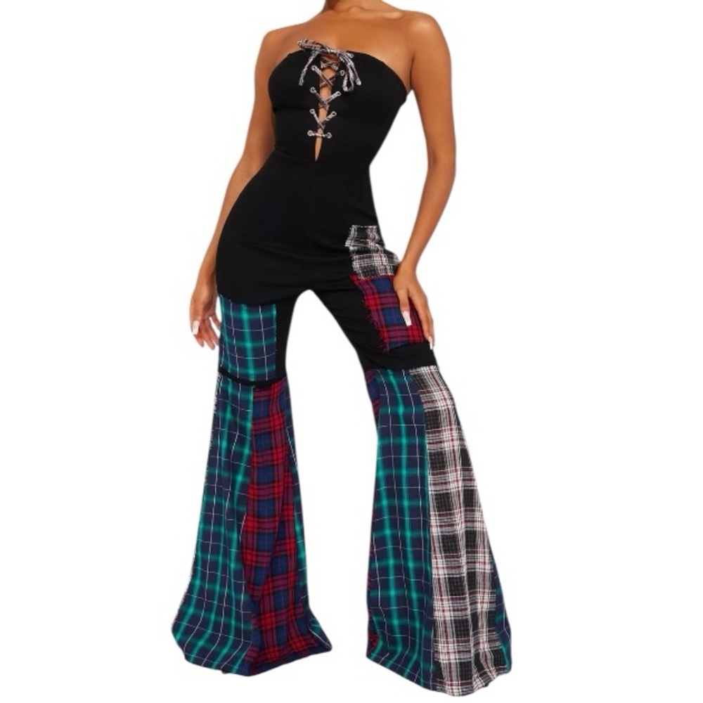 Fashion Nova Black Strapless Patchwork Plaid Jumpsuit